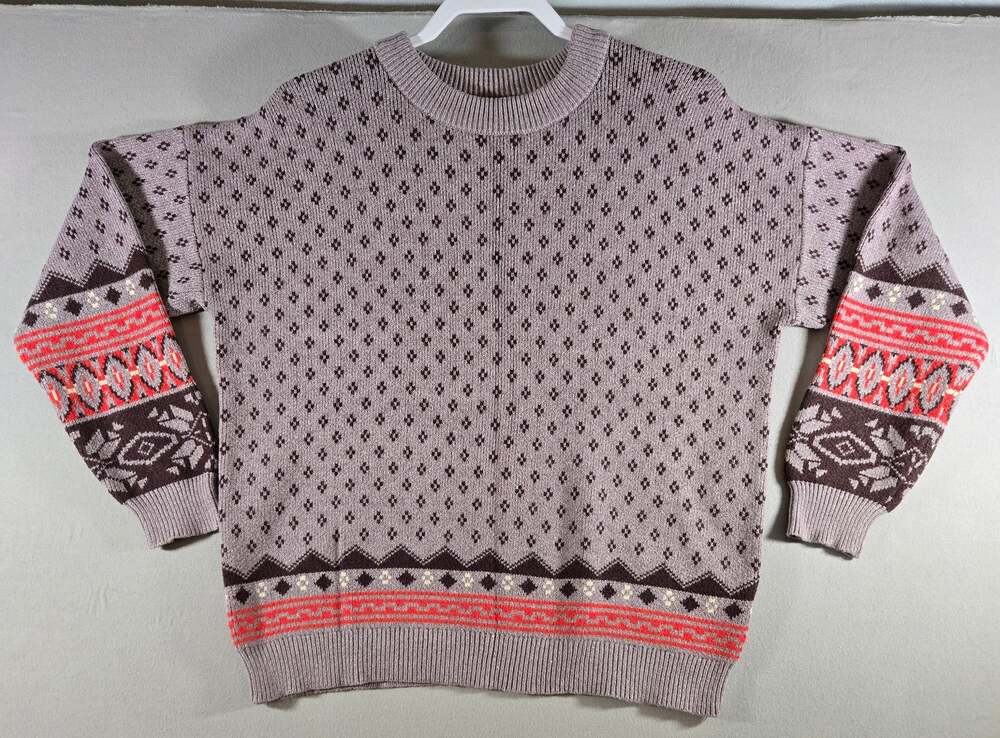 Womens Fair Isle Geometric Knit Sweater Size L Beige Brown Coral Crewneck
